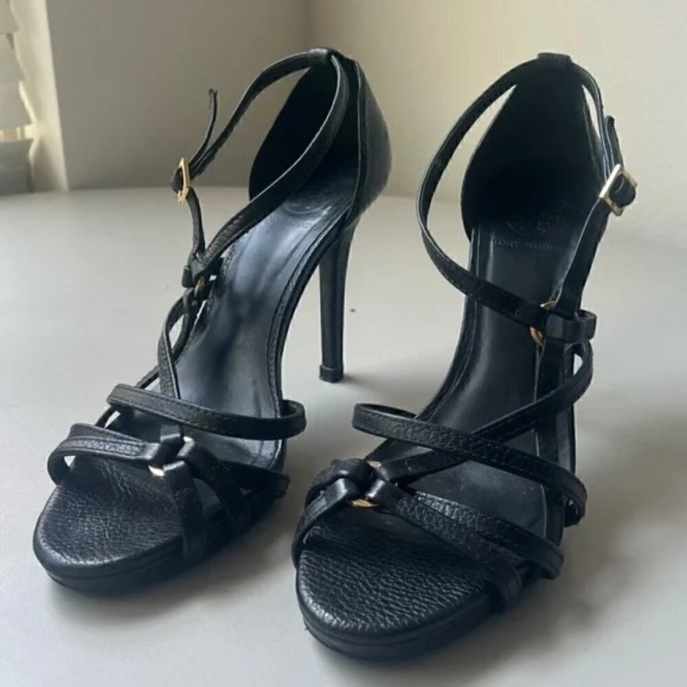 Tory Burch Elizabella, Black Leather Heels Sandals Size 9